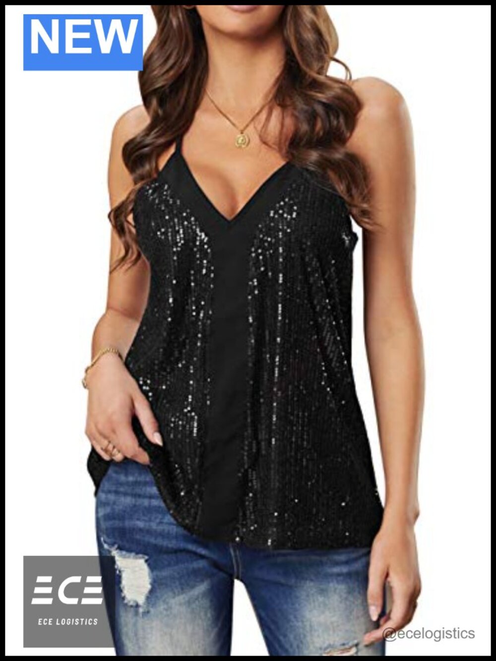 Sequin V-Neck Camisole Tank Top Sleeveless Party Dance Layering Top